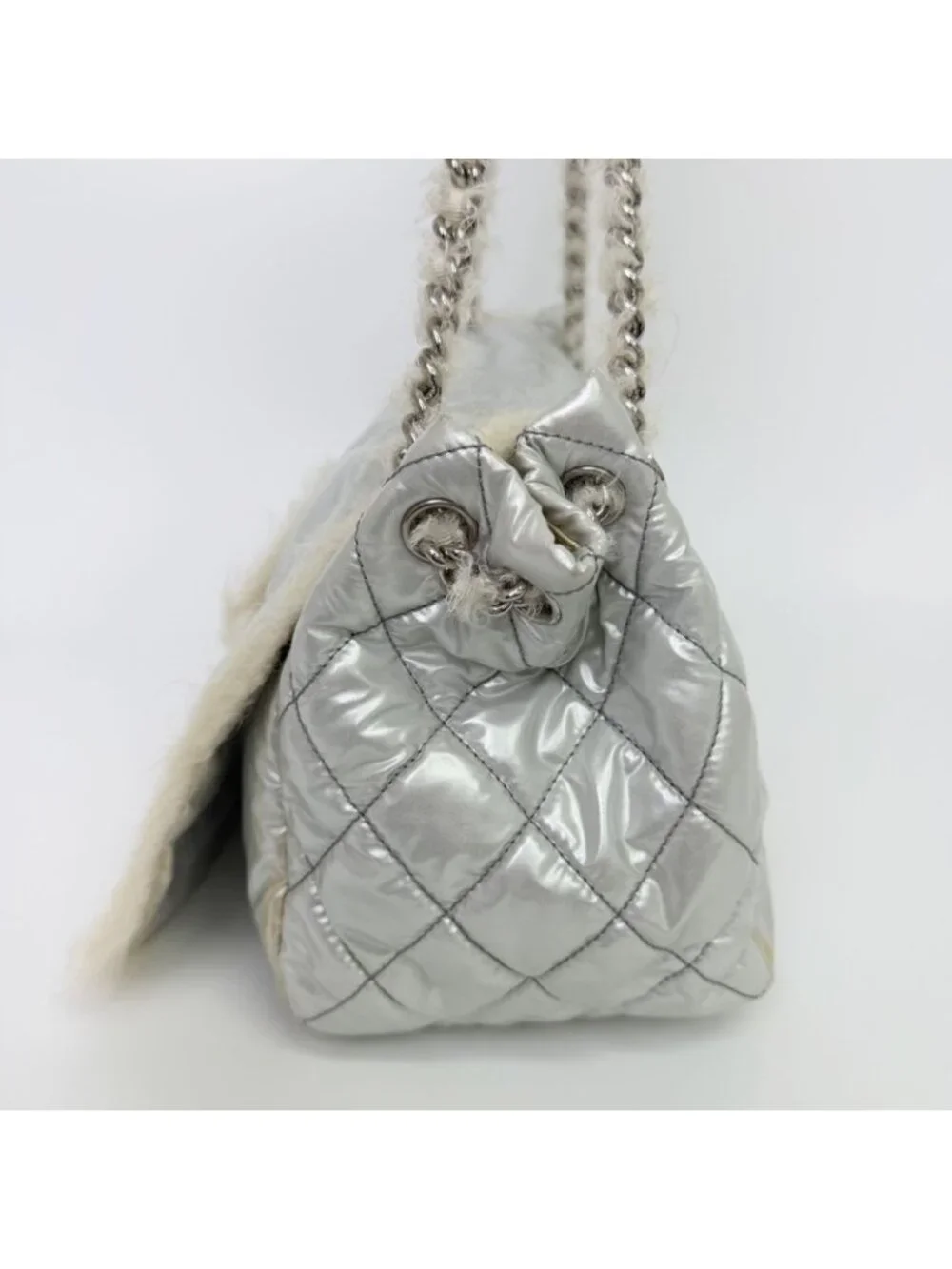 Chanel CC Logo Chain Tote Shoulder Bag Nylon Silver Ivory Seal Vintage